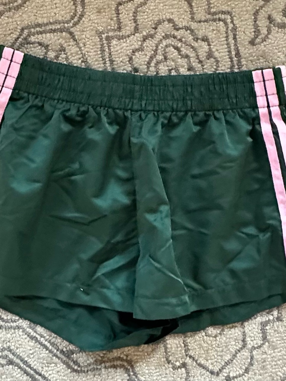 Edikted Dark Green Athletic Shorts with Pink Side Stripes